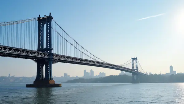 Steel Suspension Bridge Over River Midday View