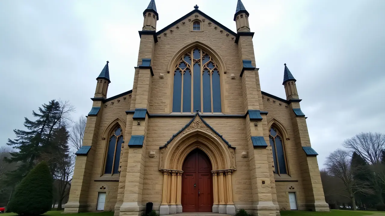 Front-facing stone church with stained glass and wooden doors.