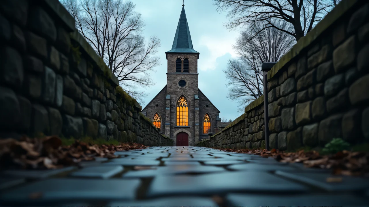 Low-angle view of a stone church featuring a tall steeple and stained-glass windows at sunset.