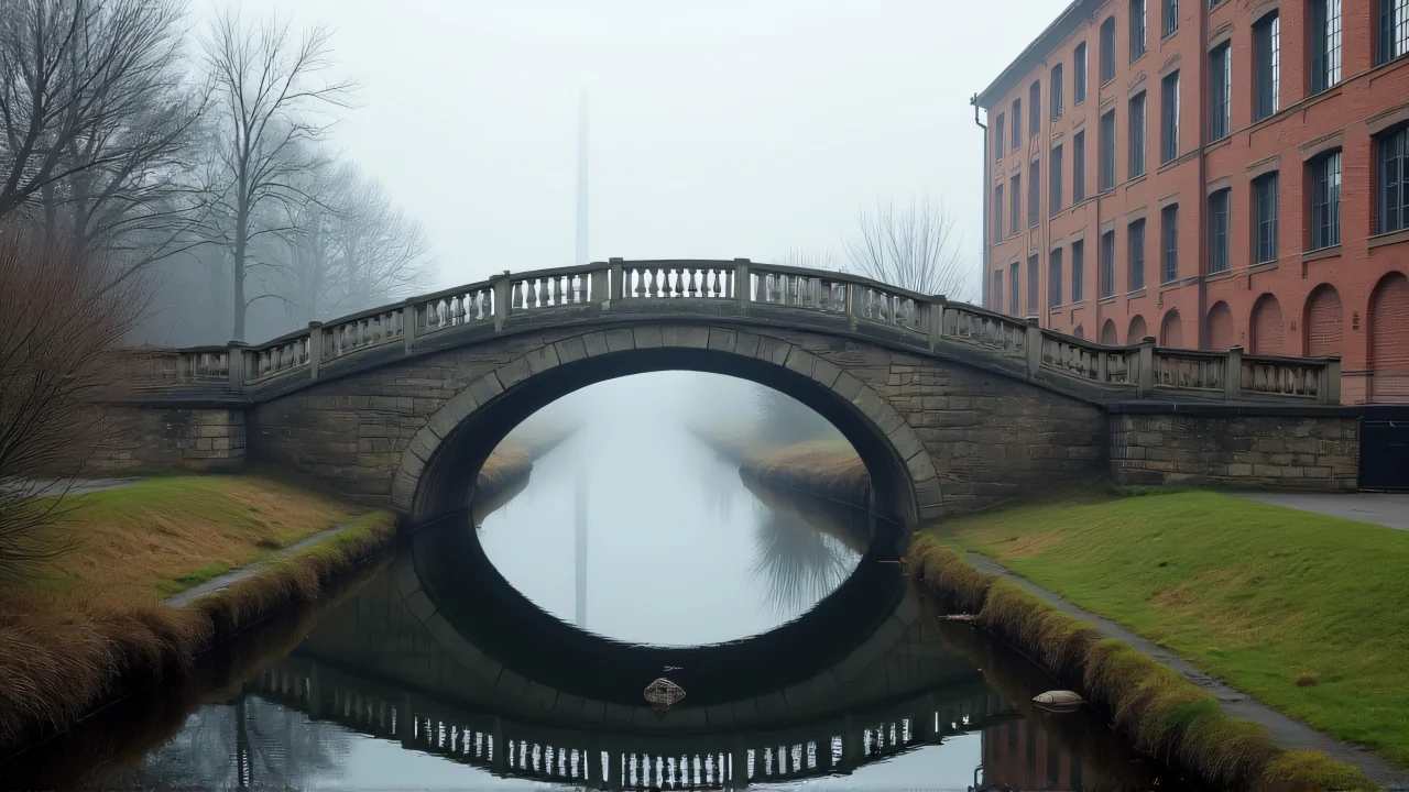 A low stone pedestrian bridge arches over a narrow canal in the early morning mist.