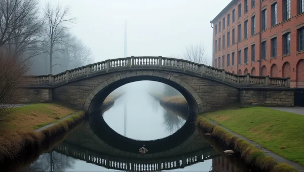 Stone Pedestrian Bridge Over Canal In Morning Mist