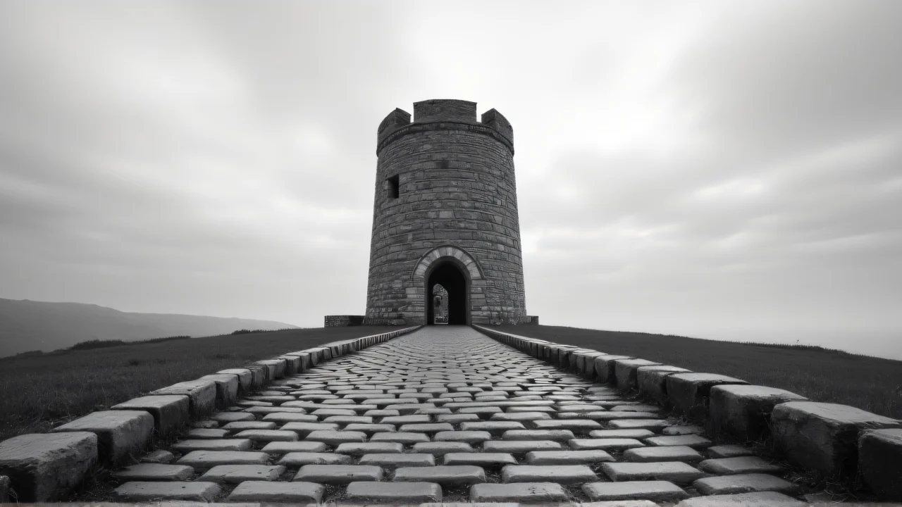 A low-angle grayscale image of a stone tower with a cobblestone path leading to it under a cloudy sky.