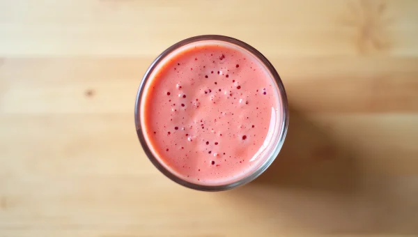 Strawberry Smoothie In Clear Glass On Wooden Table