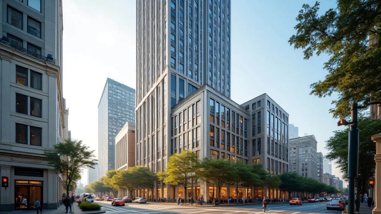 High-rise building with glass and steel facade viewed from the street, late-afternoon light and urban activity present.