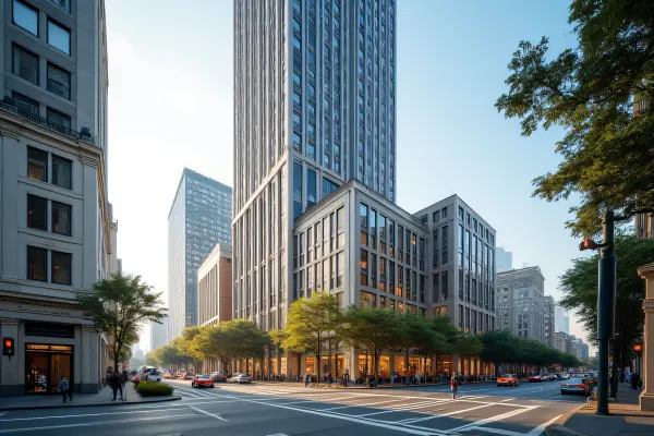 Street Level View Of High-Rise Building Facade