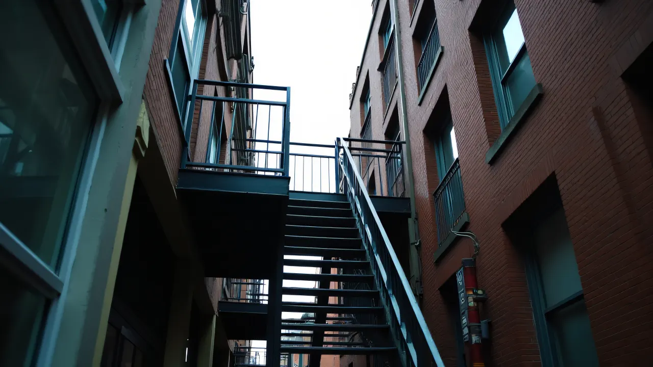 Metal fire escape balcony on a brick building under an overcast sky.
