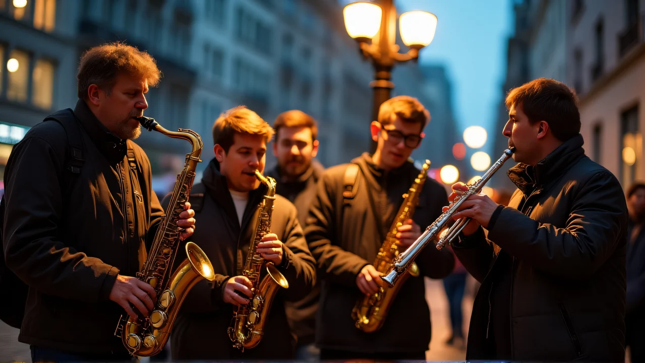 A diverse group of street musicians performing under a lamppost in an evening city setting.