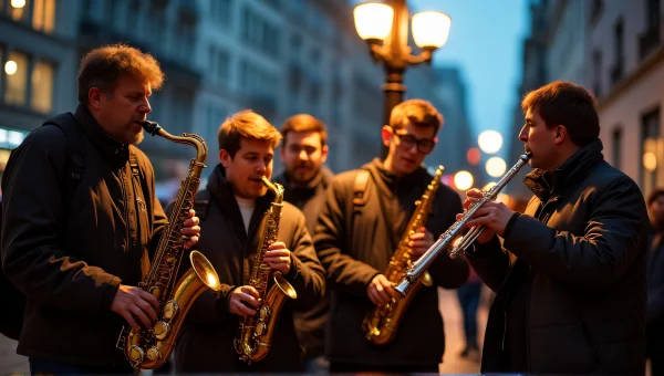 Street Musicians Playing Wind Instruments At Night
