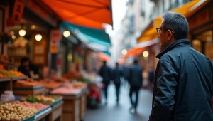 Street Vendor Observing Crowded Urban Market