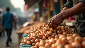 Street Vendor Selling Fresh Onions In Market