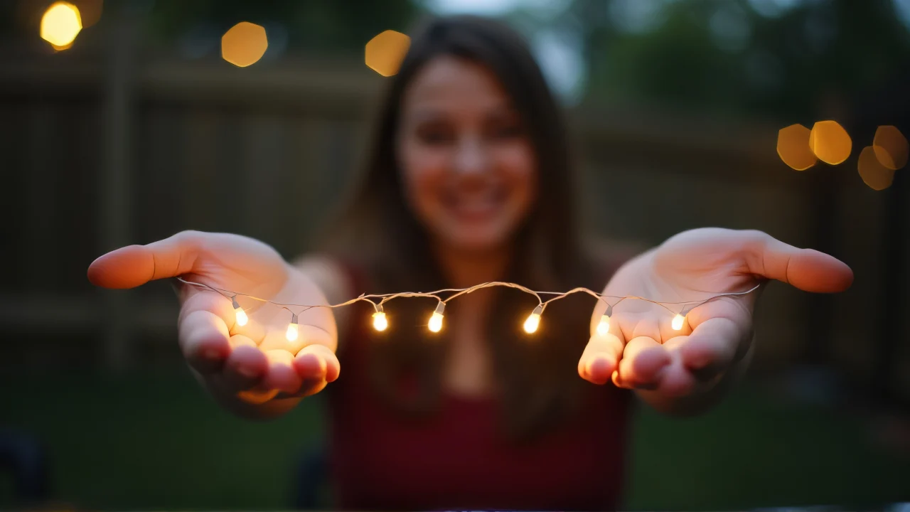 Person holding string lights in hands during evening in a backyard.