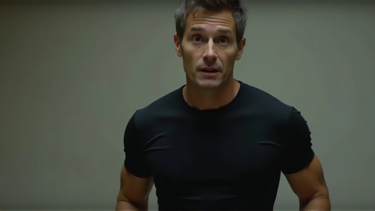 Adult male model in fitted black tee against neutral backdrop.