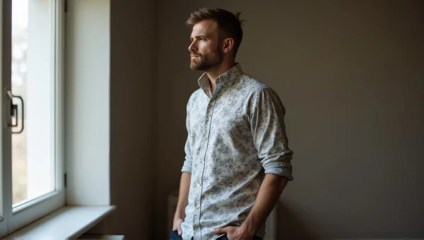 Stylish Man in Floral Shirt with Soft Window Light