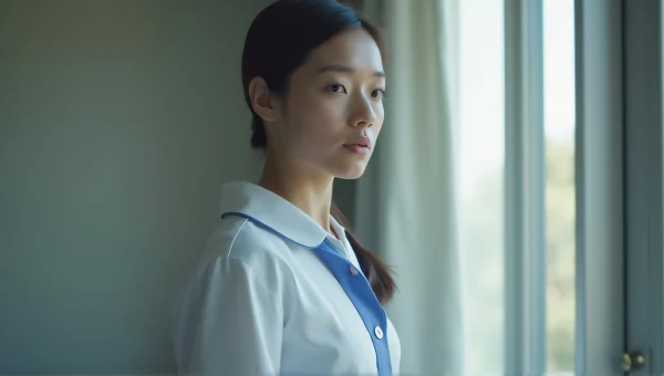 Stylish Woman in Blue-White Blouse by Window