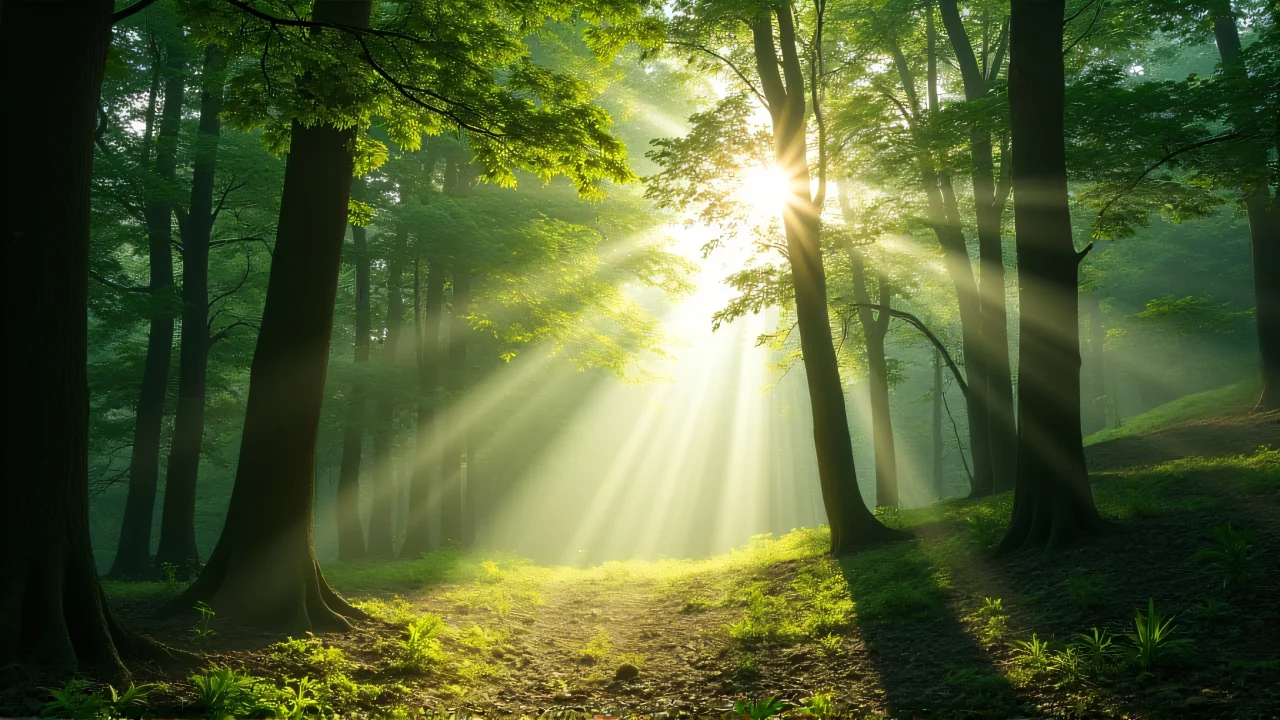 Sun rays filter through a dense green canopy, creating dappled light on the forest floor.