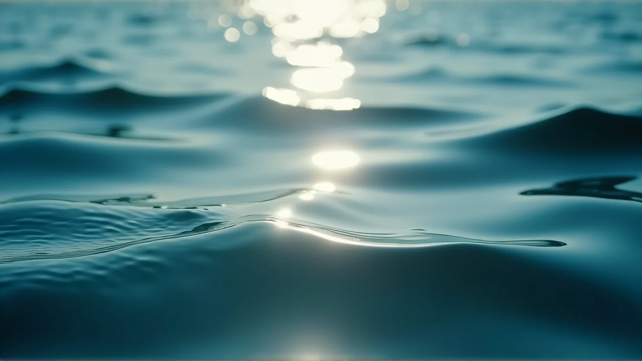 Close-up of sunlight reflecting on a rippled water surface with sharp glints and highlights.