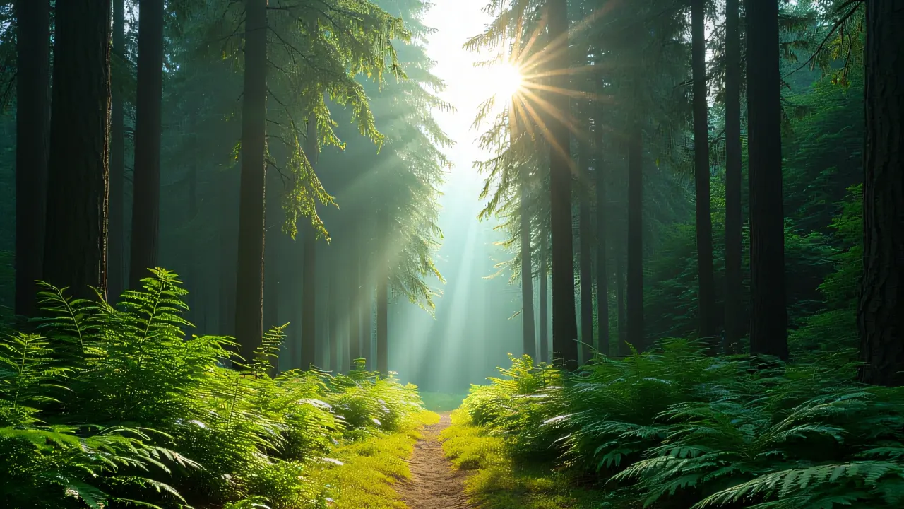 A sunlit path through a deep green forest clearing framed by tall conifers and ferns.