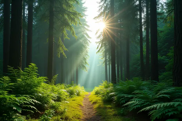 Sunlit Forest Clearing Pathway in Green Woods