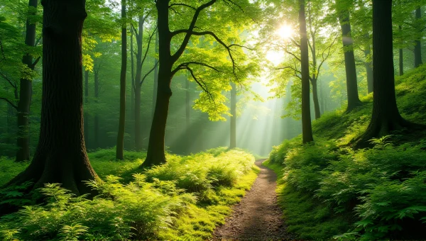 Sunlit Green Tree Forest With Mossy Path
