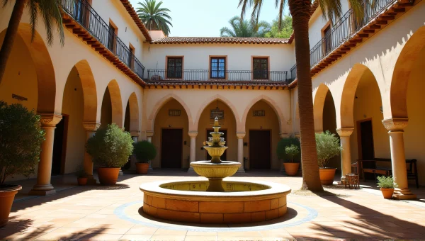 Sunlit Spanish Architecture Courtyard with Fountain