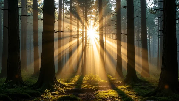 Sunrays Through Tall Conifers in Misty Forest