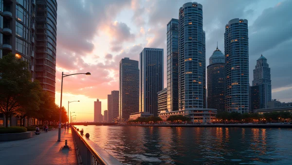 Sunset Reflections On Riverfront High-Rise Buildings
