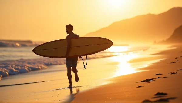 Surfer Walking to Ocean at Golden Hour