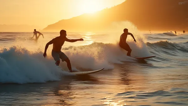 Surfers Riding Waves at Golden Hour