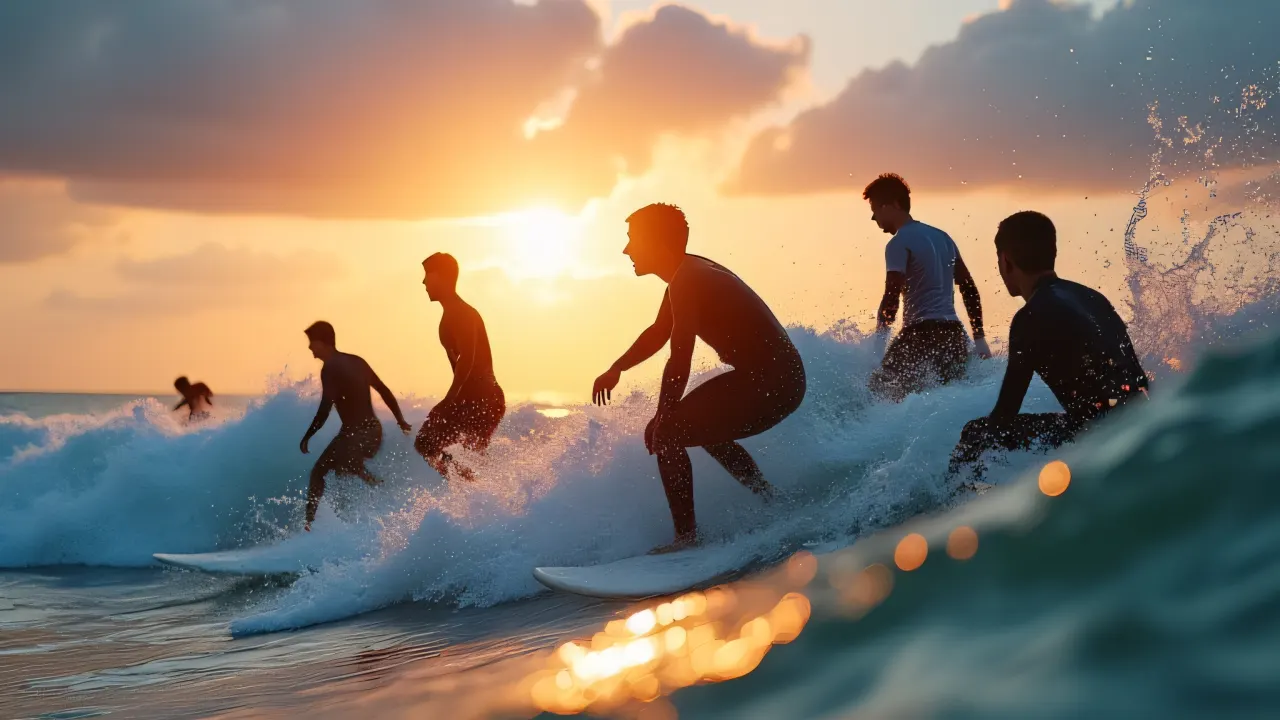 Group of surfers riding ocean waves at dawn in wet suits.