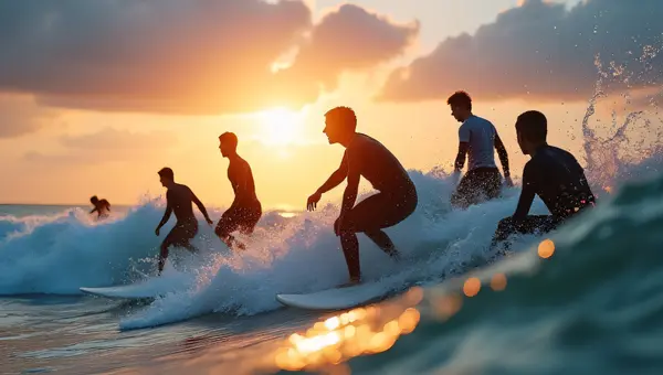 Surfing at Sunrise on Ocean Waves with Wet Suits