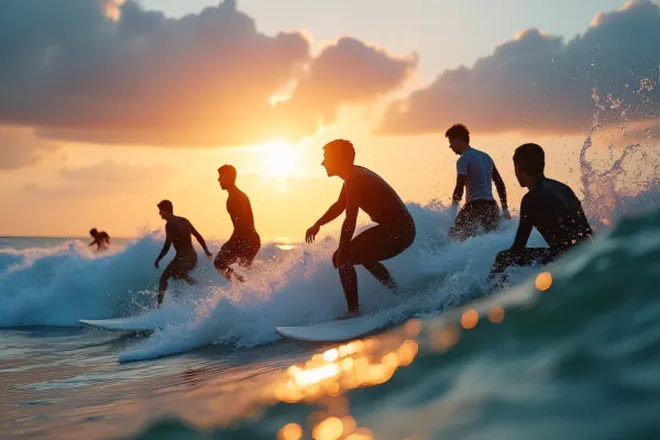 Surfing at Sunrise on Ocean Waves with Wet Suits