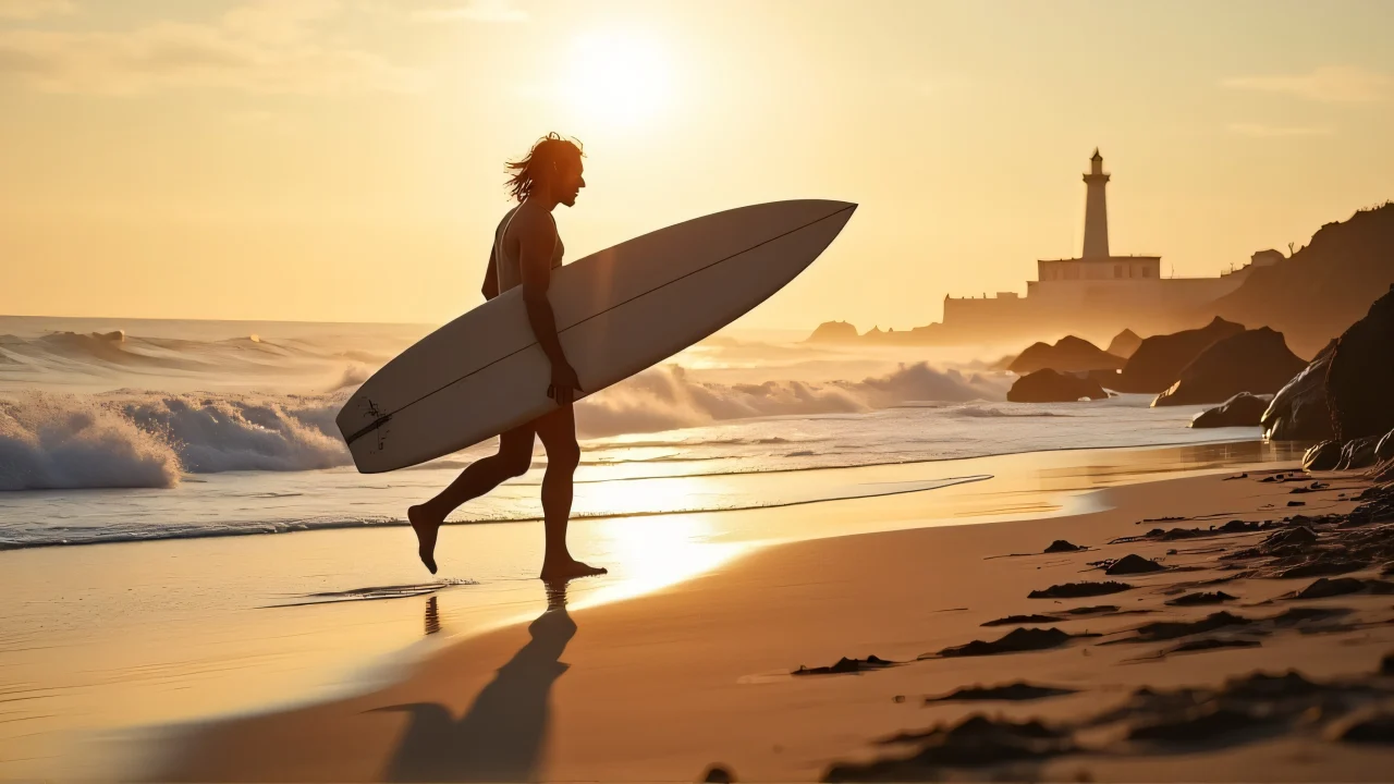 A man walks along a rocky seashore carrying a surfboard at sunset.