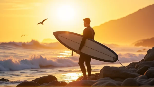 Surfing Lifestyle Wetsuit Surfer on Rocky Shoreline