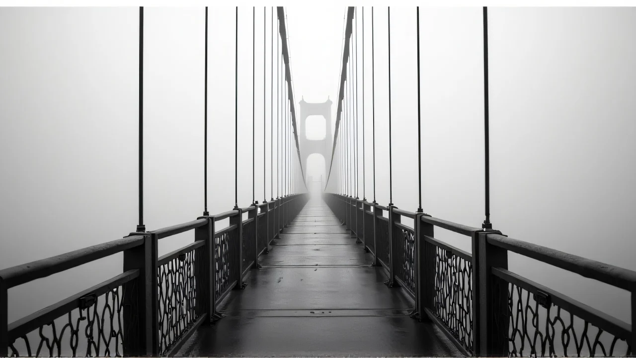 Grayscale image of a suspension bridge viewed from below with fog and river.