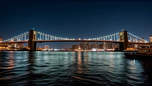 Suspension Bridge Night View Over Busy Harbor