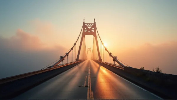 Suspension Bridge Over Foggy River at Sunrise