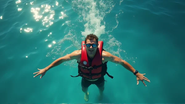 Swimmer Underwater Ripples, Red Life Vest, Sunlight