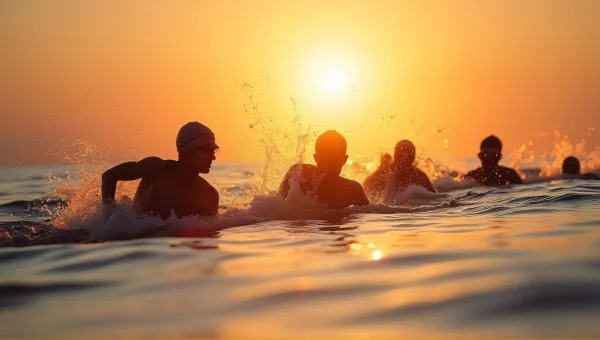 Swimmers Silhouette in Shallow Water at Sunset