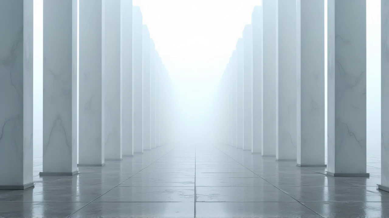 A row of tall white concrete pillars recedes into the fog, creating a serene atmosphere.