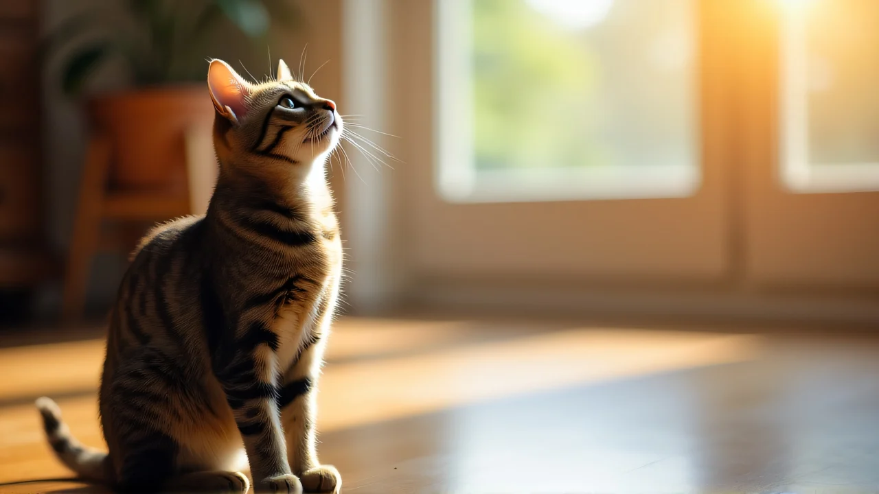 A tabby cat sits on a wooden floor, gazing at a sunlit window.