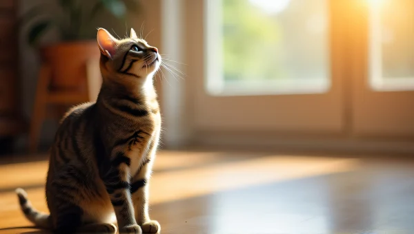 Tabby Cat Gazing Upward By Sunlit Window