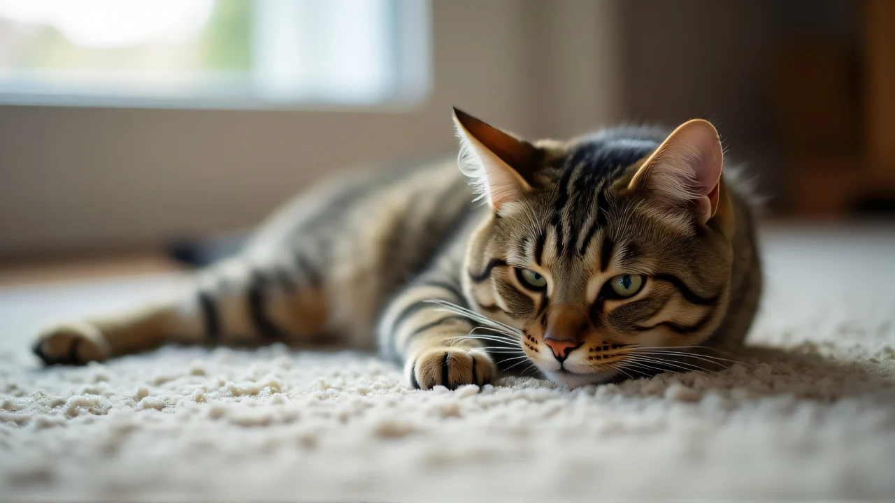 A tabby cat lying comfortably on a carpet with soft window light illuminating the scene.