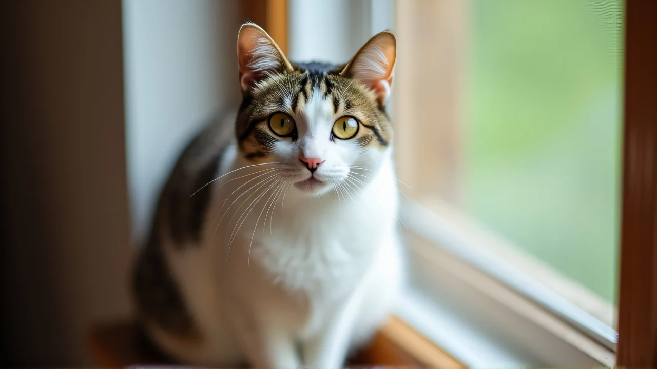 A close-up of a white and brown tabby cat sitting comfortably on a wooden windowsill.