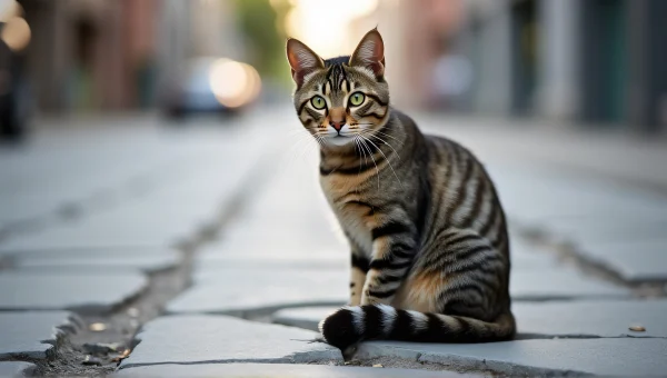 Tabby Cat Sitting On Cracked Pavement Urban Scene