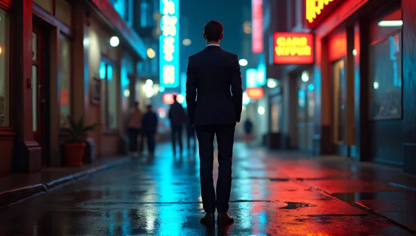 Tailored Dark Suit Man Night City Sidewalk