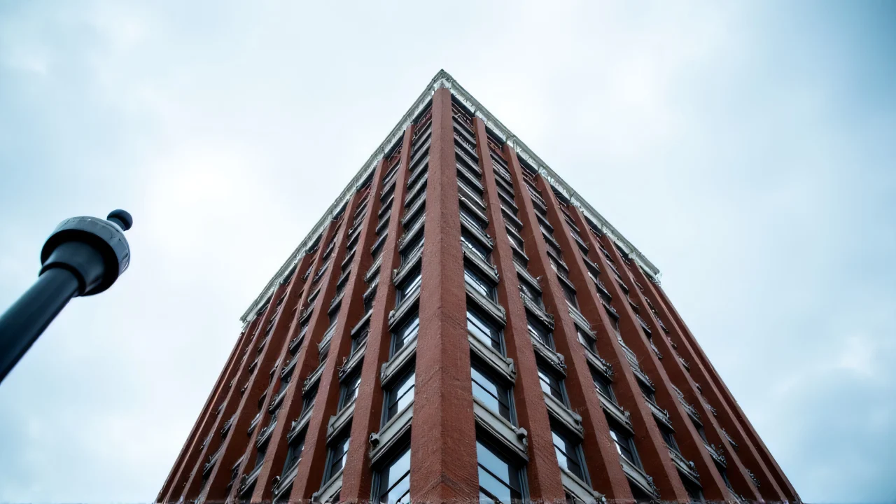 Low-angle view of a tall brick office building with a streetlamp in the foreground.