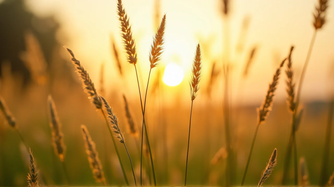 Selective focus image of tall meadow grasses with seed heads during golden hour.