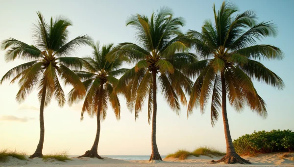 Tall Palm Trees On Sandy Shoreline At Sunset