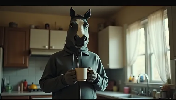 Tall Person Horse Mask Kitchen Morning Light