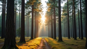 Tall Pine Trees Forest Clearing With Soft Daylight